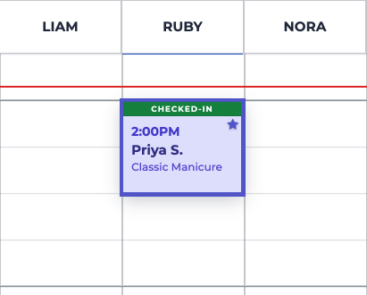 Priya S.’s 2:00 PM appointment with Ruby showing a Checked-In banner, just after the 1:55 PM current-time line.