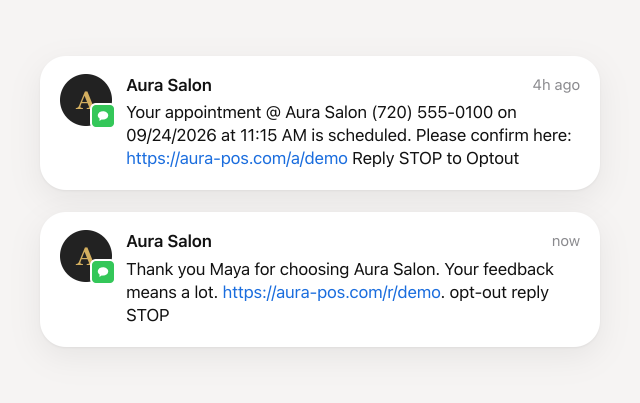 Two texts from Aura Salon: a confirmation for an 11:15 AM appointment with a link to confirm, and a thank-you with a link to leave feedback.
