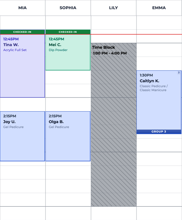 Lily’s column blocked from 1:00 to 4:00 PM with a hatched Time Block, beside booked appointments for Mia, Sophia and Emma.