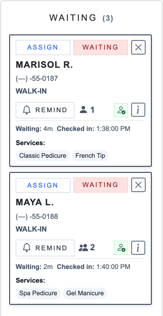 Turn Manager waiting list showing Maya L., a walk-in party of two checked in at 1:40 PM for a Spa Pedicure and a Gel Manicure, behind one other waiting guest