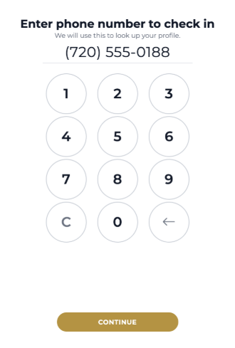 Aura check-in keypad with a guest’s phone number entered, ready to continue