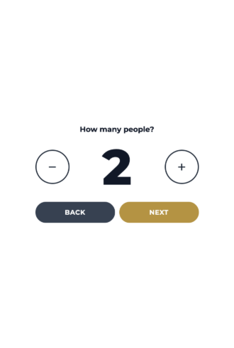 Aura check-in screen asking how many people are in the guest’s party, set to two