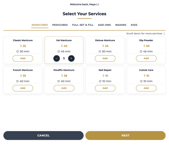 Aura check-in service selection showing nail salon categories with cards for price, duration, and quantity