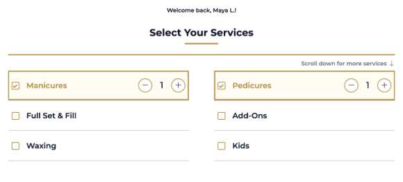 Aura simple check-in style showing service categories as a short checkbox list with quantity controls