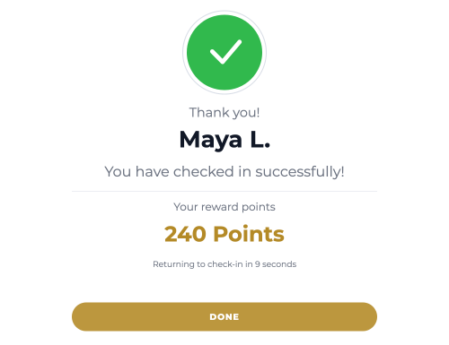 Aura check-in confirmation screen showing a guest’s name and reward point balance