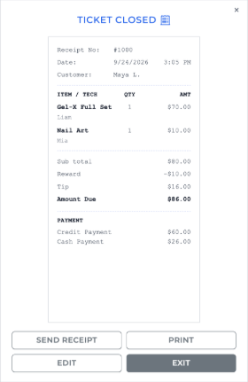 Ticket Closed receipt #1000 for Maya L.: Gel‑X Full Set and Nail Art, a $10 reward, a $16 tip, $60 credit and $26 cash