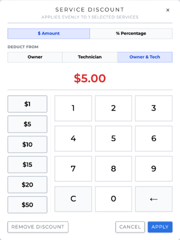 Service Discount panel: $5 off, deducted from Owner & Tech
