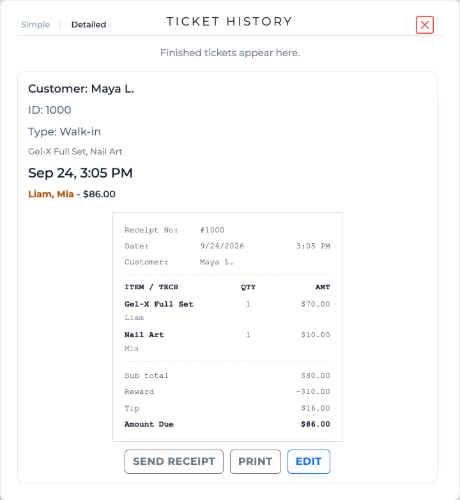 Ticket History with Maya L.’s closed ticket #1000 for Liam and Mia, $86, its receipt, and Print and Edit buttons