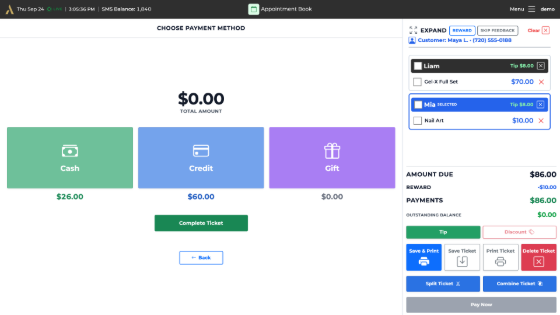 Aura payment screen: $60 by credit and $26 in cash, $86 paid including the $16 tip and the $10 reward, $0 outstanding
