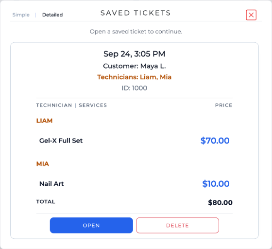 Saved Tickets list with Maya L.’s ticket for Liam and Mia, $80, with Open and Delete buttons