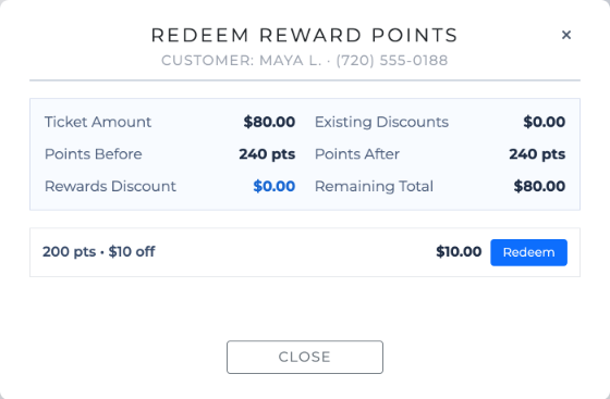 Redeem Reward Points panel for Maya L.: 240 points before, a $10‑off reward for 200 points, ready to redeem on an $80 ticket