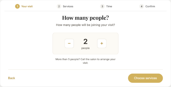 Aura booking party size set to 2 people, with a note to call the salon for more than 5