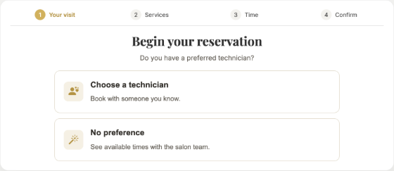 Aura booking start: Begin your reservation, with Choose a technician and No preference