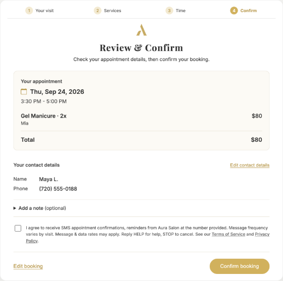 Aura booking Review & Confirm for Maya L.: two Gel Manicures with Mia, 3:30 to 5:00 PM, $80, her contact details, an optional note and a box to agree to appointment texts