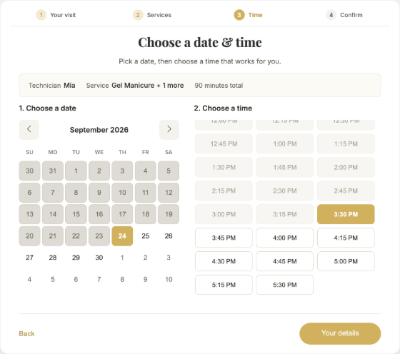 Aura booking date and time: September 24 picked, Mia’s times before 3:30 PM unavailable and 3:30 PM selected