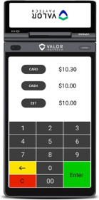 A Valor PayTech terminal showing card, cash and EBT prices