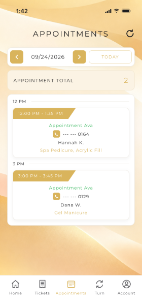 Aura Staff Appointments tab for September 24: Hannah K. at 12:00 PM for a Spa Pedicure and Acrylic Fill, and Dana W. at 3:00 PM for a Gel Manicure.