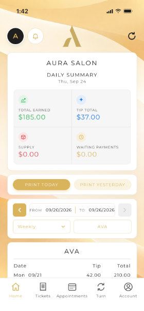 Aura Staff Home tab for Ava at Aura Salon: $185 earned and $37 in tips today, above her weekly tips and totals.