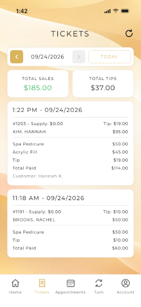 Aura Staff Tickets tab: $185 in sales and $37 in tips for the day, with Hannah K.’s closed ticket for a Spa Pedicure and Acrylic Fill and a $19 tip.