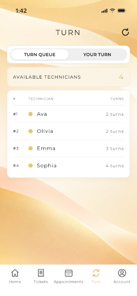 Aura Staff Turn tab listing four available technicians in turn order: Ava first with 2 turns, then Olivia, Emma and Sophia.