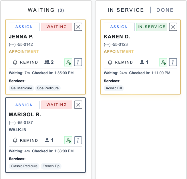 Aura guest queue with appointment and walk-in cards, services, party sizes, waiting times, Assign and Remind controls, and In Service and Done tabs.