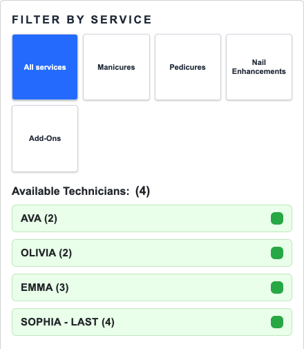 Service category filters above the Available Technicians list, which shows Ava, Olivia, Emma, and Sophia with their turn counts.